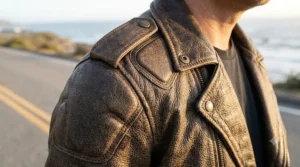 Interior lining view of a cruiser motorcycle leather jacket showing the removable CE-rated protective armor inserts for the shoulders and elbows.