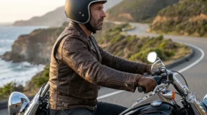 Side profile view of a cruiser motorcycle leather jacket highlighting the action back panels for flexible riding arm movement.