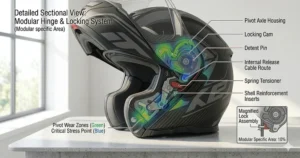 A colorful sectional overlay map indicating critical stress points and pivot wear zones on the hinge housing of a modular helmet to analyze structural performance