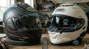 Diagram highlighting the wide horizontal field of view in a touring full face helmet compared to the vertical visibility of a sport helmet.