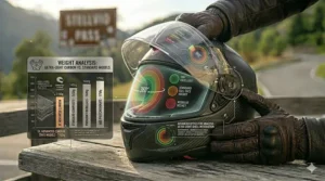 Graphic comparing the mass of standard vs ultra-light protection helmet motorcycle models.