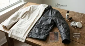 Step-by-step graphic illustrating the proper cleaning, conditioning, and maintenance process for a classic leather touring motorcycle jacket.