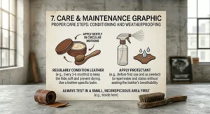 An educational infographic board detailing proper care steps, featuring vector-style graphics of leather balm application and a waterproofing spray bottle, set against a workshop backdrop with a real leather roll and brush.