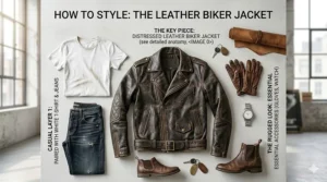 A flat-lay fashion infographic titled "How to Style: The Leather Biker Jacket," showcasing the jacket arranged alongside a white t-shirt, dark denim jeans, leather boots, gloves, a watch, and keys.