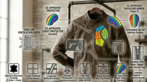 Detailed diagram of a winter motorcycle leather jacket showing the inner zip-out thermal vest lining.