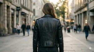 Back profile of a fitted ladies leather biker jacket showing stitched panel details