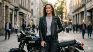 Woman styling a ladies leather biker jacket over a white t-shirt and casual blue jeans
