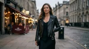 Chic evening look featuring a cropped ladies leather biker jacket draped over a black dress