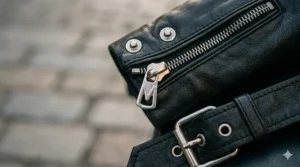 Heavy duty asymmetric silver zippers and studs on a ladies leather biker jacket sleeve