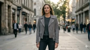 Soft grey suede ladies leather biker jacket with belted waist detail