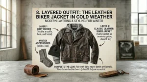 A winter fashion layout graphic titled "Layered Outfit: The Leather Biker Jacket in Cold Weather," showing the leather jacket layered over a grey hoodie, accompanied by a black beanie and heavy wool socks.