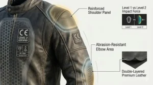 A technical illustration mapping out the high-abrasion impact zones and double-stitched seams on a CE level 2 leather motorcycle jacket.