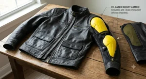 Diagram showing the CE-rated impact armor inserts in the shoulders, elbows, and back of a leather touring motorcycle jacket.