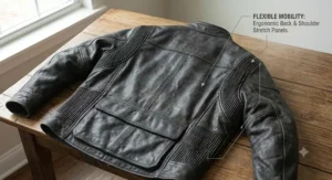 Line drawing highlighting the accordion stretch panels on the shoulders and lower back of a leather touring motorcycle jacket.