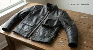 Illustration of zipped ventilation ports and airflow pathways on a heavy-duty leather touring motorcycle jacket.