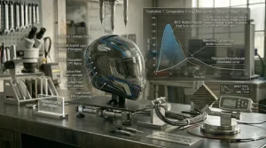 A step-by-step diagram illustrating the resin-infusion and molding process used to manufacture a strong multi-material composite motorcycle helmet shell.