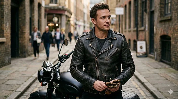 A photorealistic, high-detail shot of a man wearing a rugged, distressed men's leather biker jacket, standing in an urban alley setting next to a classic black motorcycle under natural lighting.