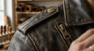 A macro close-up view highlighting the detailed grain of the worn brown leather, featuring an epaulet with a metallic eagle snap button and a sturdy brass YKK zipper.