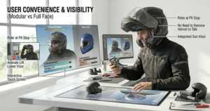A photorealistic lifestyle depiction of a researcher in a workshop utilizing a modern interactive touch screen to evaluate user convenience, visibility, and the quick communication features of a modular helmet