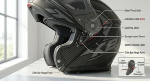 A close-up, high-detail macro view focusing entirely on the open-face flip-up mechanism of a black modular helmet, showcasing the intricate locking jaws, spring-loaded detents, and safety release latch