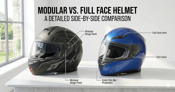A high-detail, side-by-side comparison of a matte black modular helmet and a glossy blue full-face helmet resting on a clean countertop near a window, complete with descriptive text labels highlighting key structural points like the hinge mechanism and chin bar modular vs full face helmet