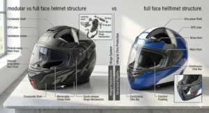 A highly detailed, photorealistic cross-sectional breakdown comparing the anatomy of a black modular helmet versus a blue full-face helmet, pointing out internal features like the EPS liner, ventilation, and the technical quick-release hinge mechanism
