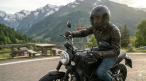City rider equipped with a matte black ultra-light protection helmet motorcycle.