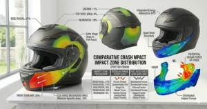 A technical heat map graphic superimposed onto helmets to illustrate crash impact zone distribution, highlighting the higher percentage load on the front chin bar and side hinges