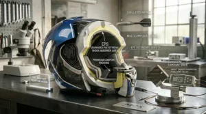 A cross-section illustration demonstrating how a multi-material composite motorcycle helmet absorbs and distributes impact energy through its dual-density EPS liner.