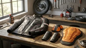 A sport leather moto jacket laid out on a wooden workbench next to its orange CE-approved removable shoulder, elbow, and back armor inserts.