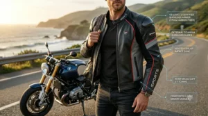 A technical blueprint overlay pointing out the titanium shoulder sliders, Kevlar impact zones, and composite elbow armor modules on a premium sport leather moto jacket.