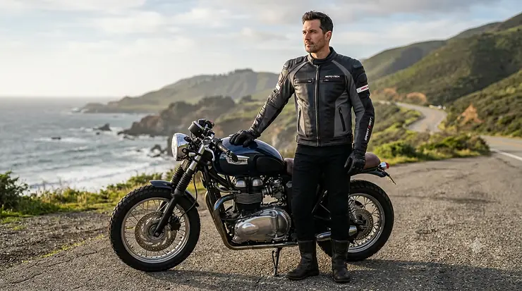 A premium black and grey sport leather moto jacket with protective shoulder padding worn by a rider standing next to a vintage motorcycle on a coastal highway.