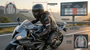 An interactive digital size and fit guide overlaying a female motorcyclist, showcasing measurements for shoulder width, sleeve length, chest circumference, and back length.