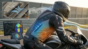 A technical visualization of a motorcyclist wearing a sport leather moto jacket on a racetrack, demonstrating the cooling performance and aerodynamic airflow through the back zippered vents.