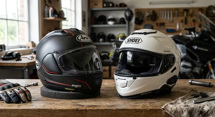 Side-by-side comparison of a sport vs touring full face helmet showcasing different shell shapes and ventilation styles.