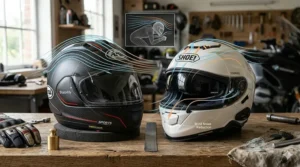 An illustration mapping airflow over a sport full face helmet in a tucked riding position versus an upright touring helmet.