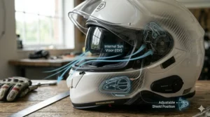 Close-up view of the drop-down internal sun visor feature common in touring full face helmets.