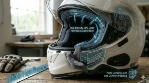 Cross-section of a motorcycle helmet showing plush neck roll padding designed to reduce wind noise in touring full face models.