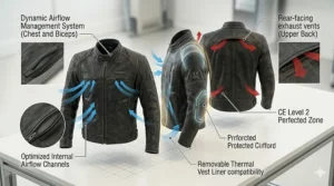 An illustration demonstrating the airflow paths through the perforated panels and zippered vents of a CE level 2 leather motorcycle jacket.
