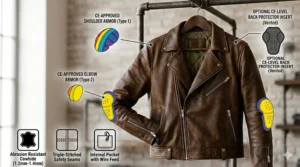 Distressed vintage brown motorcycle leather jacket featuring quilted shoulder patches and dual chest pockets.