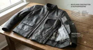 Graphic showing the multi-layer construction of a leather touring motorcycle jacket with a waterproof inner liner.