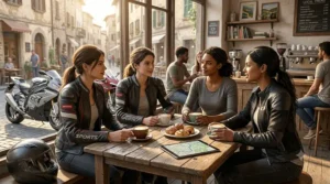 A group of women wearing tailored women's sport leather moto jackets socializing at an outdoor cafe with their motorcycles parked nearby.