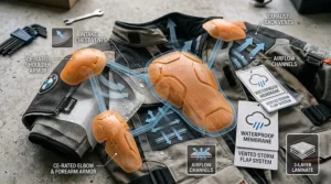 Exploded view illustration showing CE-rated elbow, shoulder, and back impact armor inserts inside an adventure motorcycle jacket.