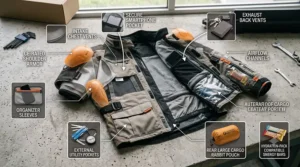 Graphic detailing the cargo pockets, inner waterproof compartments, and rear rabbit pouch on an adventure motorcycle jacket.
