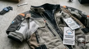 Illustration showing the multi-layer waterproof membrane and water-resistant zippers of an adventure motorcycle jacket.