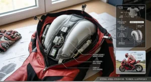 High-tech illustration of an electronic airbag system inside a motorcycle racing suit leather.