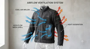 Diagram illustrating how cool air flows through a summer motorcycle jacket mesh outer shell to dissipate rider heat.