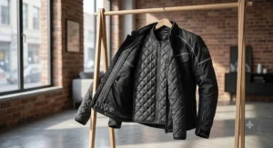 An all-weather commuter motorcycle jacket displayed with its zip-out thermal quilted liner partially detached.