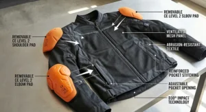Close-up diagram of an armored ventilated motorcycle jacket showing removable CE level 2 shoulder and elbow pads.