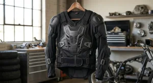 Motorcycle armored vest equipped with a chest protector and back guard for full upper body safety